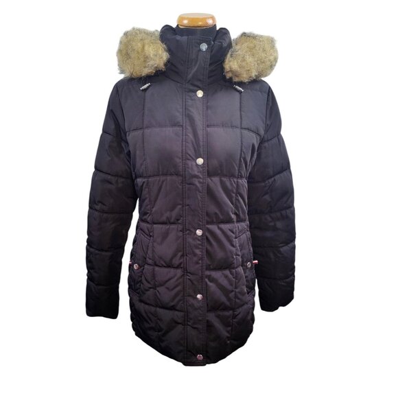 Tommy Hilfiger Black Faux Fur Quilted Puffer Jacket Coat Parka With Hood Size M - Picture 1 of 7